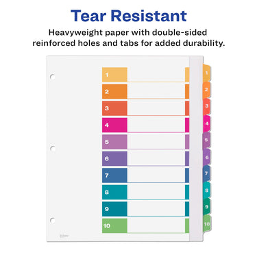 Avery Extra-Wide Ready Index Dividers for 3 Ring Binders, 10 Tab Set, Printable Table of Contents, White Paper, Multicolored Tabs, Works with Sheet Protectors, 1 Set (11165)